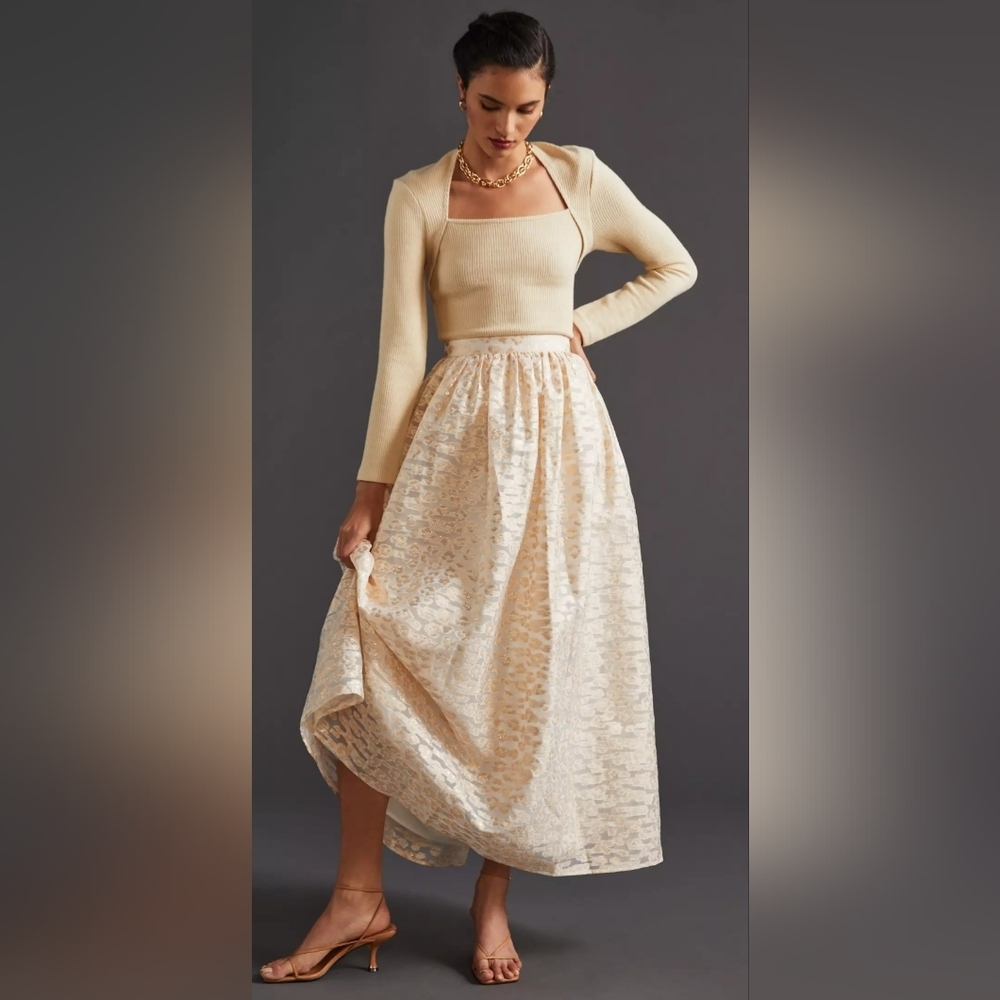 Anthropologie Cream Floral Jacquard Maxi Skirt